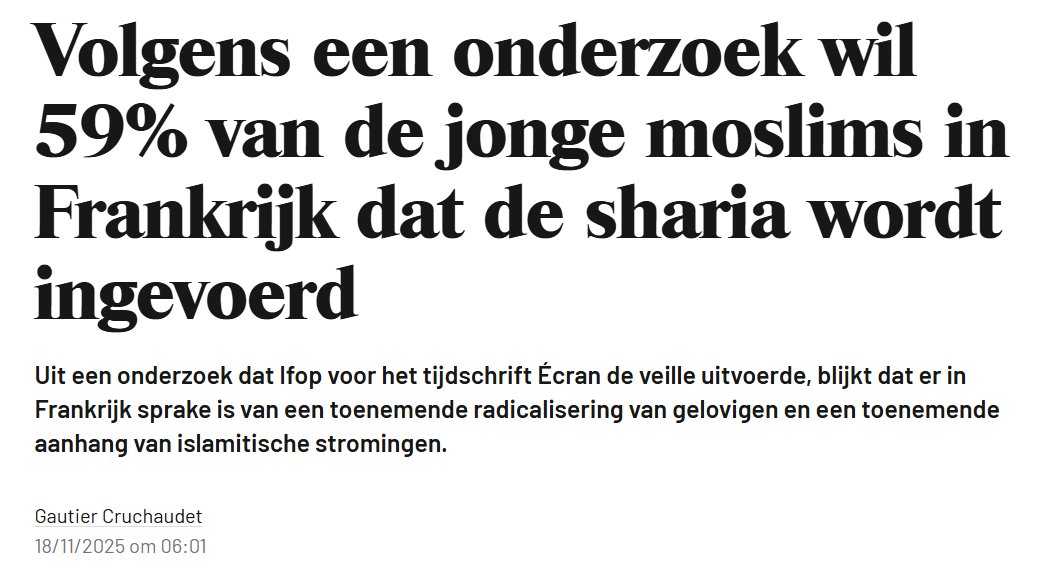Peiling: "59% van de jonge moslims in Frankrijk wil dat de sharia wordt ingevoerd"👇
Naarmate het aandeel moslims groeit, gaat dit meer fundamentele waardenstrijd opleveren.
In Nederland groeit het aandeel moslims ─ naast natuurlijke aanwas ─ vooral door asielmigratie.
Zaak dus
