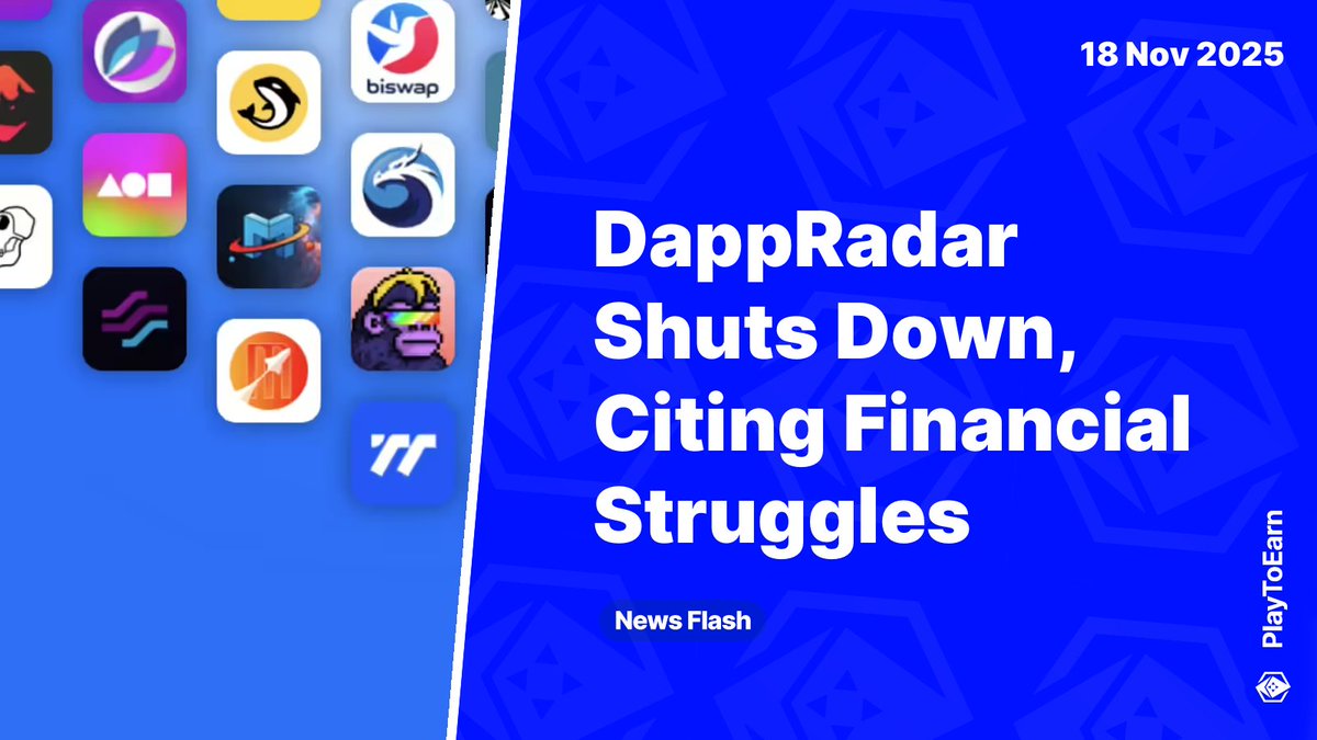 PlayToEarn's tweet image. DappRadar Shuts Down, Citing Financial Struggles 📰

On Nov 17, @DappRadar announced it will begin shutting down after 7 years of service. The web3 analytics platform cited financial difficulties and a tough market. Token and DAO details will follow soon.

Read more 🧵