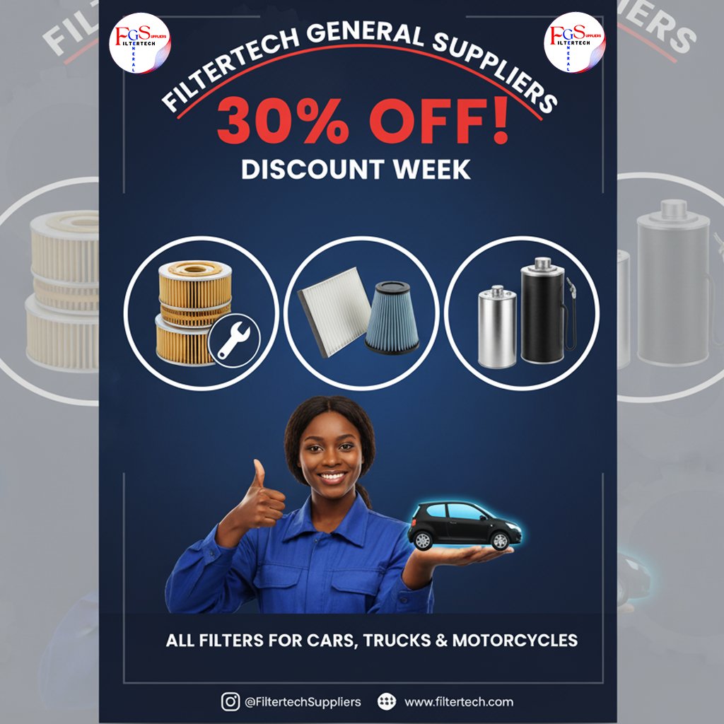 Filtertech_GS's tweet image. Don&apos;t miss out on our incredible 30% OFF Discount Week at Filtertech General Suppliers! Keep your ride running smoothly with top-quality oil, air, and fuel filters. All filters for cars, trucks &amp;amp; motorcycles are included! Shop now and save big! 🚗💨

#Filtertech #CarMaintenance