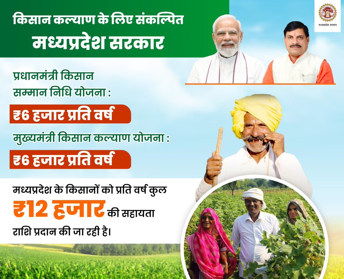 minmpkrishi's tweet image. समृद्ध किसान, सशक्त मध्यप्रदेश
---
✅पीएम किसान सम्मान निधि: ₹𝟔,𝟎𝟎𝟎 प्रति वर्ष
✅मुख्यमंत्री किसान कल्याण योजना: ₹𝟔,𝟎𝟎𝟎 प्रति वर्ष
✅कुल सहायता राशि: ₹𝟏𝟐,𝟎𝟎𝟎 प्रति वर्ष

@DrMohanYadav51
@AgriGoI
@pmkisanofficial
#PMKisan
#PMKisan21stInstallment
#MadhyaPradesh