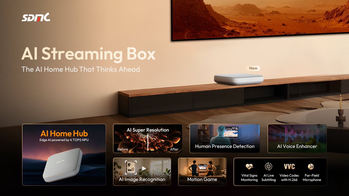 sdmctech's tweet image. Meet #SDMC&apos;s AI Streaming Box

Serves as an AI home hub to unify next-level entertainment, ambient sensing, and automated control into one seamless experience.

Visit us at #APACTVSummit2025 to explore the full ecosystem: en.sdmctech.com/contact-us/ser…

🎯 Meeting Room 117
📆 Nov 18-20