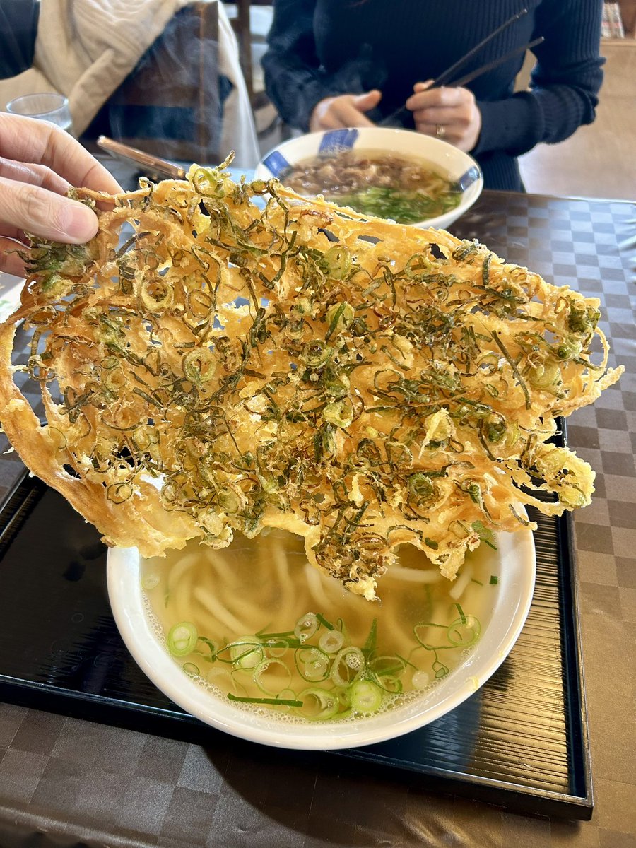 正解は、ネギ・ゴボ天うどんでした❗️
うどんが小さく見えてしまうほどのゴボ天の大きさときたら…😳

ちなみに、うどんのサイズは奥の妻のものと全く同じです😅
このゴボ天を、ハサミで切りながらダシに浸していただくという初体験をしました🤣
#福岡