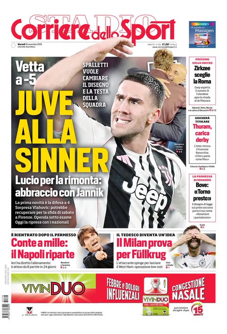 Front Page Corriere dello Sport, Tuesday 18 November 2025