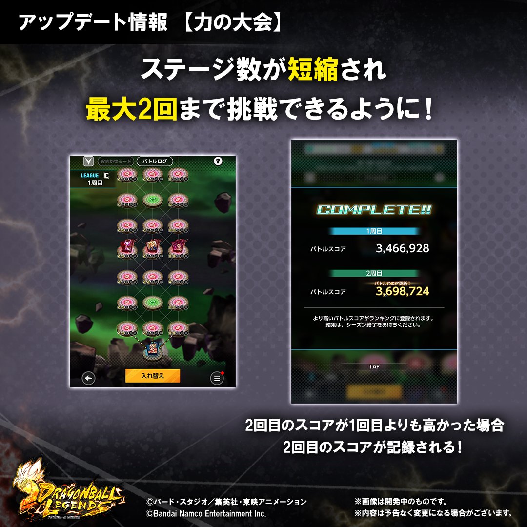 db_legends_jp's tweet photo. ◤11/19実装　アップデート情報◢

「力の大会」をリニューアル！

ステージ数の削減や獲得報酬の変更により
今まで以上に遊びやすくなるぞ！

詳細はアップデート後にゲーム内お知らせをチェックしよう！

#レジェンズ 
#ドラゴンボール https://t.co/BfdW8zmvU1
