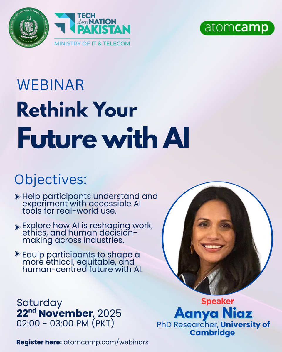 atomcamp's tweet image. Al isn&apos;t just changing work, it&apos;s changing us.
It mirrors our creativity, our biases, and our choices.
This workshop with Aanya Niaz (PhD Researcher, University of Cambridge) is a space to pause, reflect, and explore how we can build a more human kind of intelligence.

&amp;gt;…