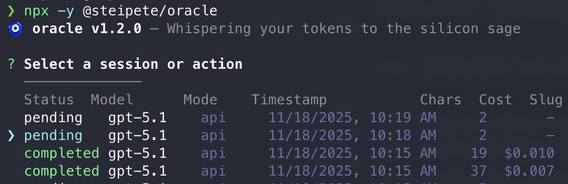 steipete's tweet image. New oracle is out - now includes an MCP, notifications, a config file to set defaults, .gitignore-aware globs and a more stable browser integration.
Oh and it&apos;s also now a TUI and the markdown renderer comes with code highlighting. 
npx -y @steipete/oracle