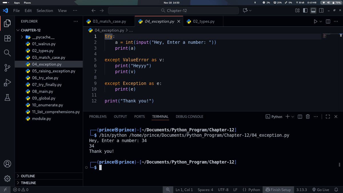 PrinceKush31873's tweet image. Practicing exception handling in Python today! 🐍
Used try–except blocks to safely convert user input and catch ValueError and generic exceptions.
Error handling makes programs more reliable and user-friendly. Loving how Python simplifies it. 💻✨
#Python #Coding #Exceptions