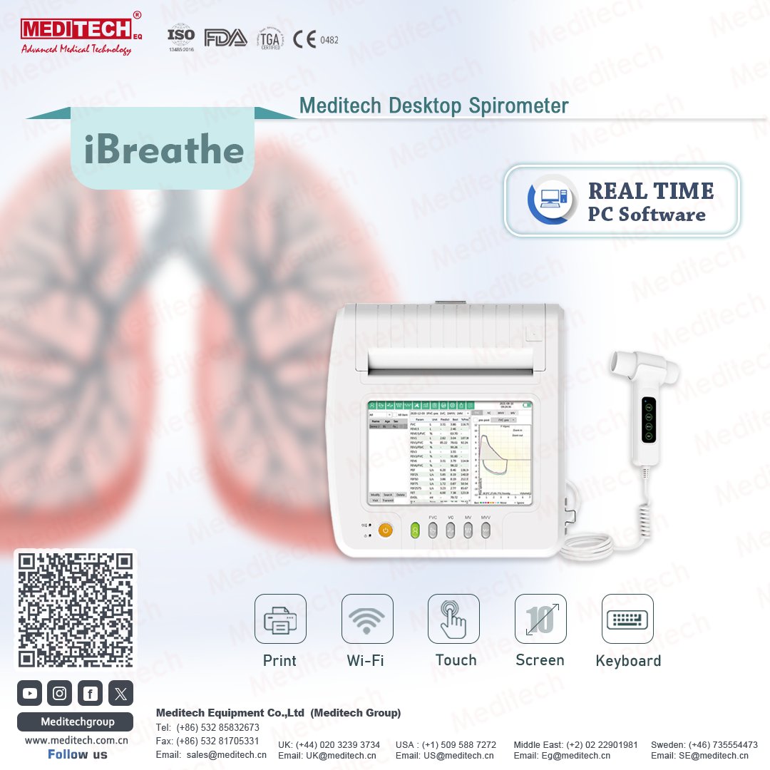 MeditechVet's tweet image. iBREATHE
The iBreathe spirometer is a portable device for checking lung function.
-It uses the principle of differential pressure measurement to measure over 100 parameters related to FVC, VC, MVV, and MV functions.
-large screen
-built-in printer
#pulomary
#spirometer
#meditech