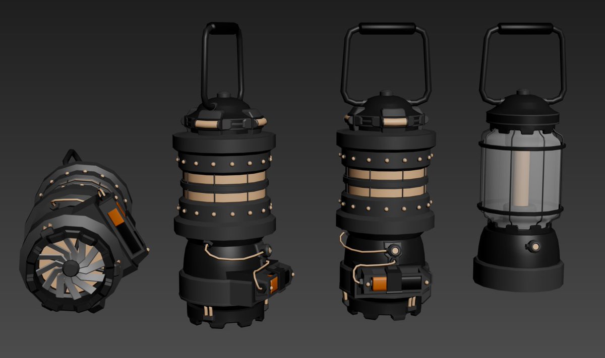 top lights: increased light range
battery attachment: 50% battery charge
bottom turbine: auto-charge
big surrounding thing: blacklight compatability