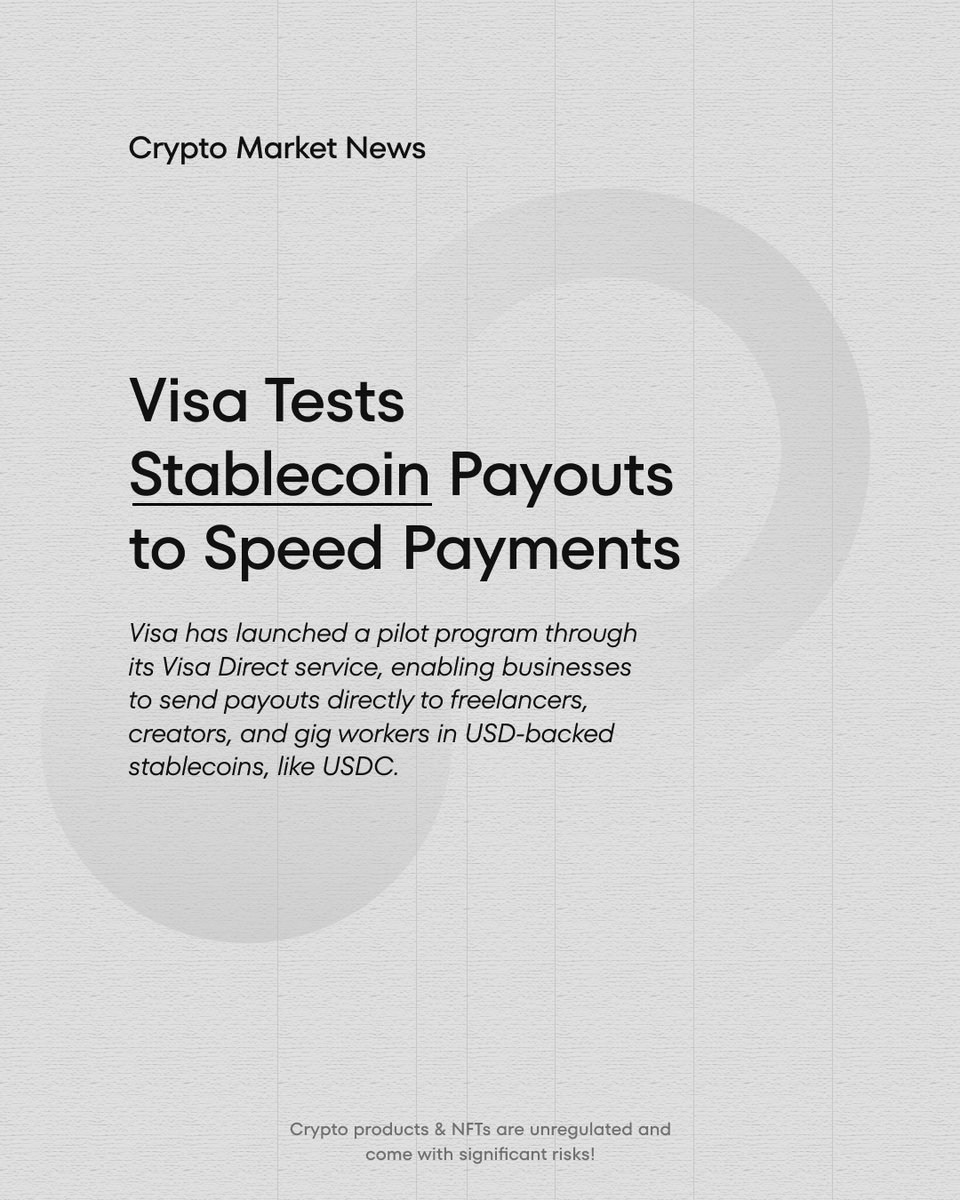 Visa is piloting stablecoin payouts via Visa Direct, enabling lightning-fast payments to freelancers and gig workers. Say goodbye to slow transfers and hello to instant global payouts!

#visa #stablecoins #fintech #futureofpayments #cryptoadoption #gigeconomy #freelancer