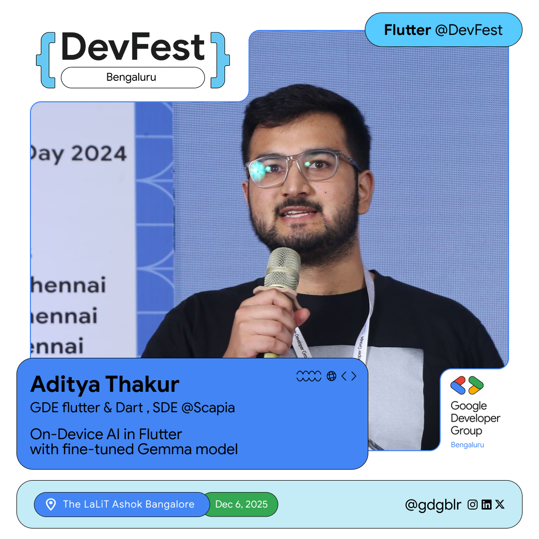 GDGBLR's tweet image. 🚀 On-Device AI in Flutter with a Fine-Tuned Gemma Model @adityathakurxd shows how to fine-tune Gemma-3n, convert it to TensorFlow Lite, and run it fully offline inside a Flutter app for fast, private, and production-ready.
 #Flutter #OnDeviceAI #Gemma #DevFestBengaluru2025