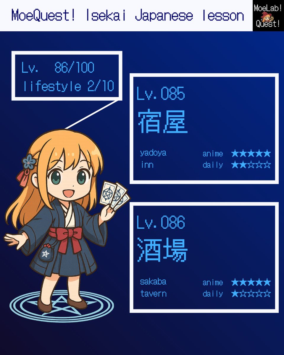 moe_moelab's tweet image. Today’s Isekai words~! 🌙🍺

📘 yadoya = inn
📗 sakaba = tavern

I love the warm “welcome back” feeling of inns 🏨💖
And taverns… the food, the rumors, the events—everything starts there 😂✨
 Which place would you enter first, sensei?