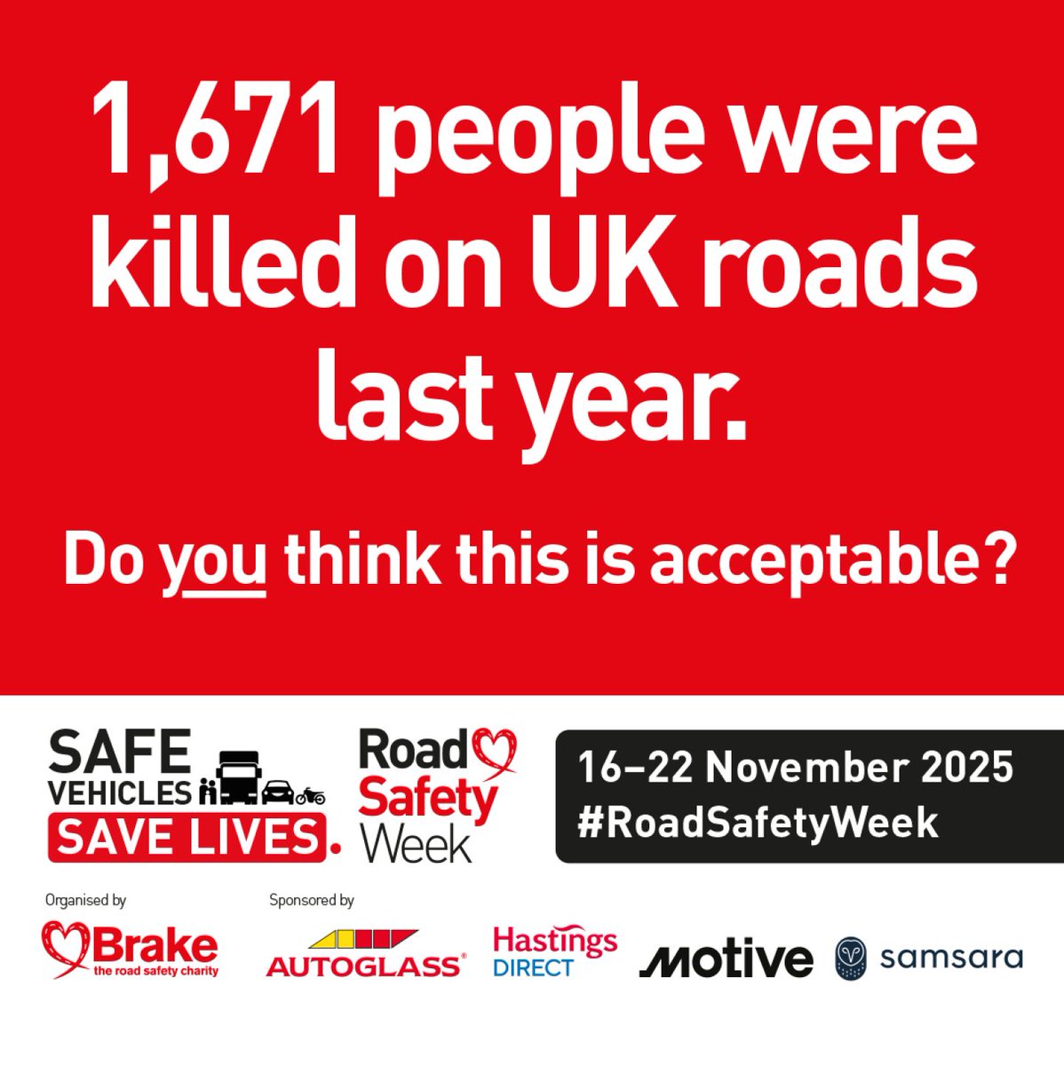 We are proud to support @brakecharity, in their road safety week 2025🛑

In 2024:
1671 people were killed on UK roads
Speed was the road safety factor in 59% of road deaths

For more information, visit ow.ly/muFb50Xtlyt