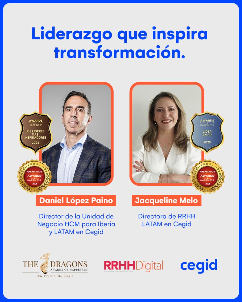 Cegid_Es's tweet image. #Liderazgo que inspira y transforma 🚀 Felicitamos a dos referentes de Cegid premiados en los Awards of Happiness® 2025 con @RRHHDigital:

🏆 Daniel López, Dir. Unidad HCM Iberia &amp;amp; LATAM — “Los Más Inspiradores 2025” 
💫 Jacqueline Melo Valenzuela, Dir. RRHH LATAM — “Líder en HR…