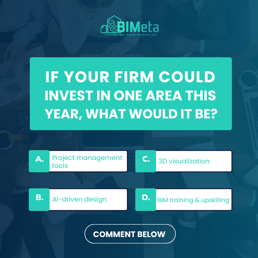 BIMeta_Corp's tweet image. If your firm could invest in one area this year, what would it be?
 Comment your pick below.

#bimeta #aecinnovation #bimworkflow #aectech