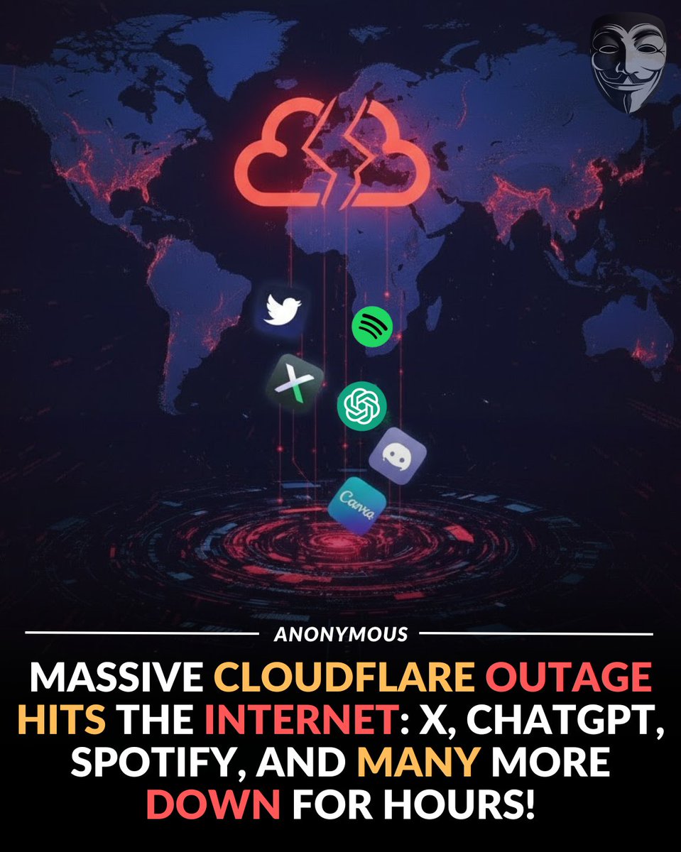 anonymousgroupx's tweet image. Global internet meltdown: Cloudflare crash takes down X, ChatGPT, and half the web in minutes!

On November 18, 2025, Cloudflare suffered a major global outage starting around 11:20 UTC due to an unusual spike in traffic to one of its internal services. This caused widespread 500…