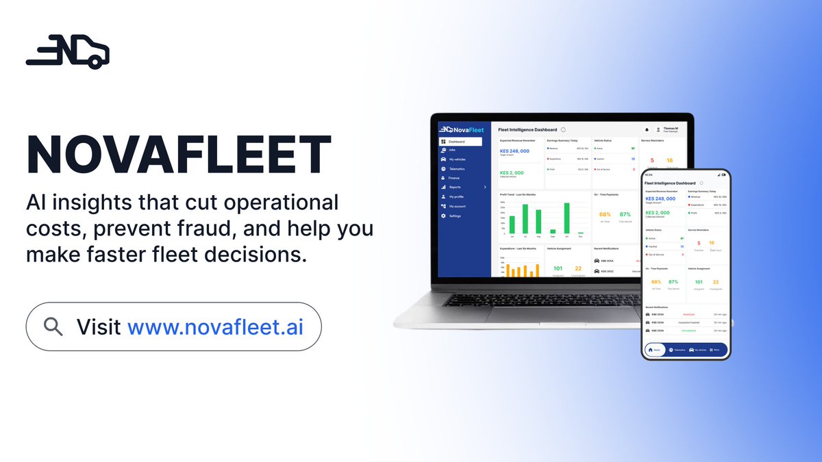 NovaFleetAfrica's tweet image. 🚐Fleet Management just got smarter.

NovaFleet - Kenya’s AI-powered platform that helps fleet owners hire reliable drivers, track payments, get document expiry alerts, and forecast profits.

Smart. Transparent. Effortless.

🔗 novafleet.ai
#NovaFleet #FleetManagement