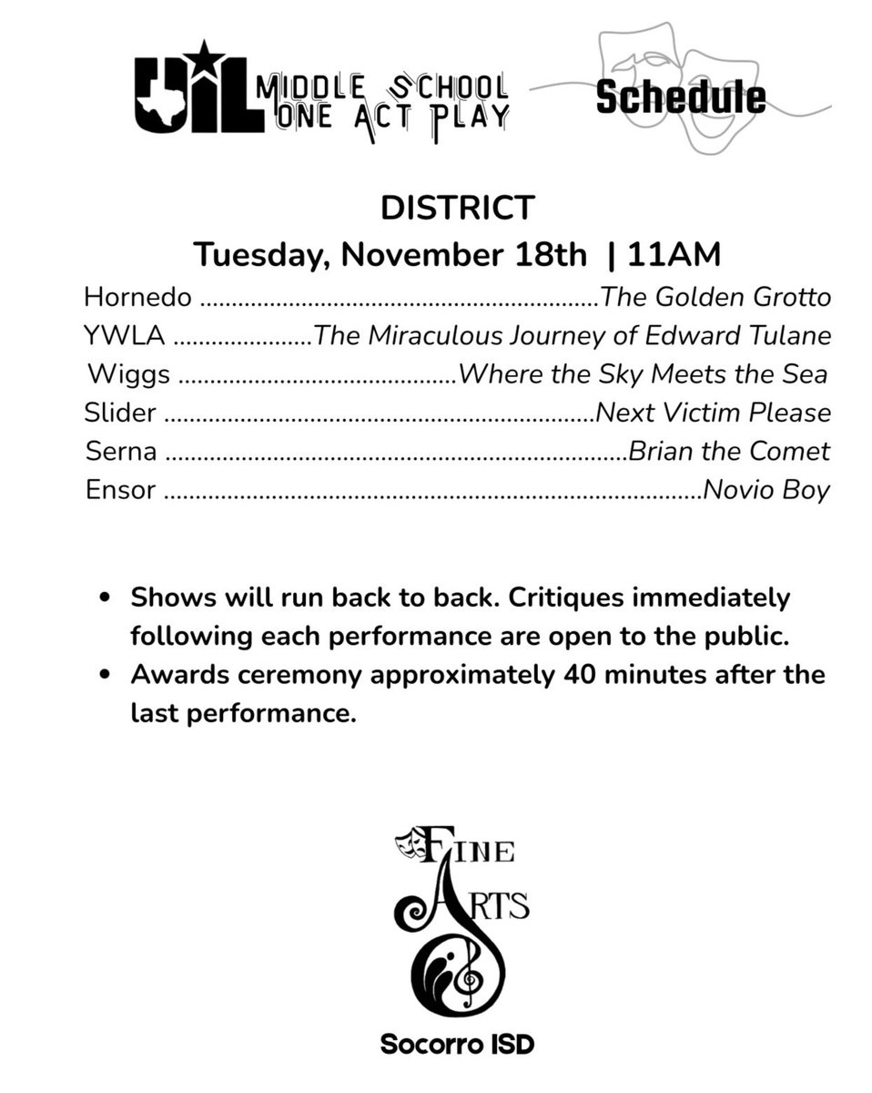 SISD_FineArts's tweet image. We have day filled with amazing troupes today at the UIL Middle School One Act Play District Competition! Come and support all these young emerging thespians beginning at 11:00 am at Socorro HS! Break a Leg! #TeamSISD #SISDFineArts