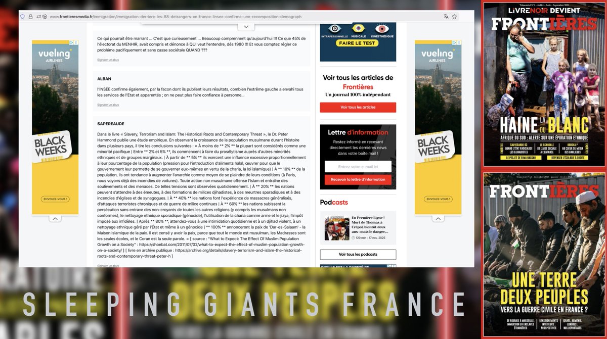 slpng_giants_fr's tweet image. Dear @vueling ,
via programmatic advertising your ad ended up on FrontièresMedia's website. We know you are unaware of this, please check whether this site which speaks of anti-white racism, projects a "soon to come civil war in France" etc, is in line with your #BrandSafety.