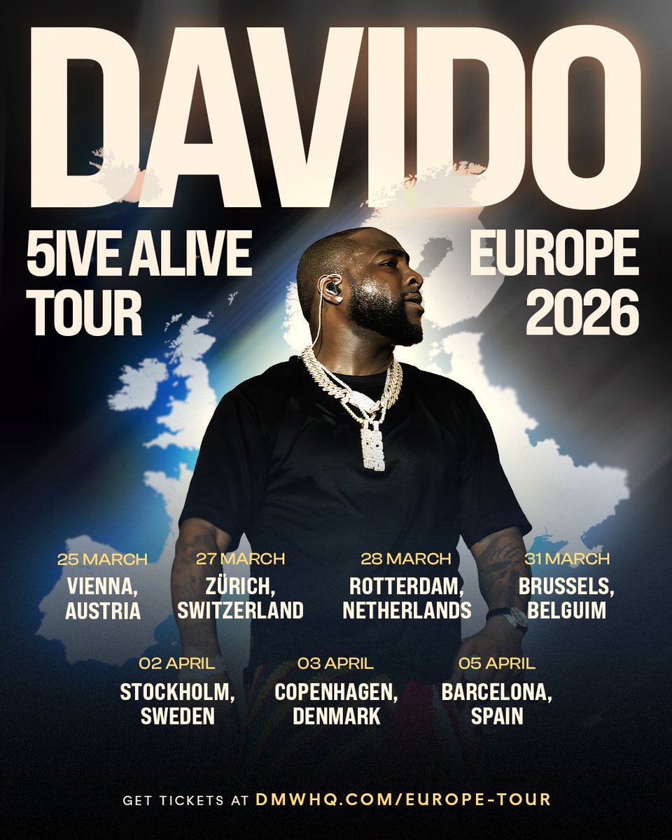 davido's tweet image. Europe get ready! The #5IVEALIVETOUR is coming to you this March and April with more dates and cities incoming🇪🇺🔥 tickets are on sale 10am local time this Friday 5️⃣

🎟️:
dmwhq.com/europe-tour