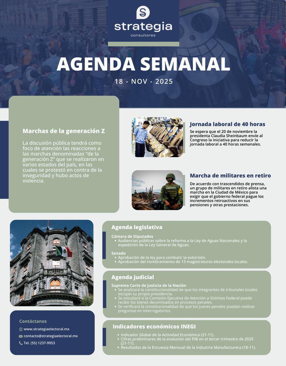 Te compartimos nuestra #Agendasemanal  en donde destacamos los temas que serán clave esta semana :

🔹Iniciativa de <a href="/GobiernoMX/">Gobierno de México</a> para reducir la jornada laboral a 40 horas semanales.
🔹En <a href="/Mx_Diputados/">H. Cámara de Diputados</a> audiencias públicas sobre las reformas para regular las concesiones de uso de