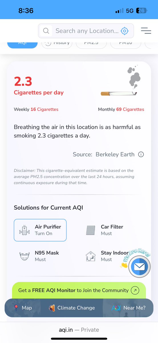 skjsaurabh's tweet image. AQI is high everywhere in India as per aqi.in

Pollution is not a Delhi NCR specific problem. Even Bangalore person is inhaling 69 cigarettes worth of smoke in a month as per this website!

We need a national plan to fight pollution. Just having GRAP in Delhi NCR…