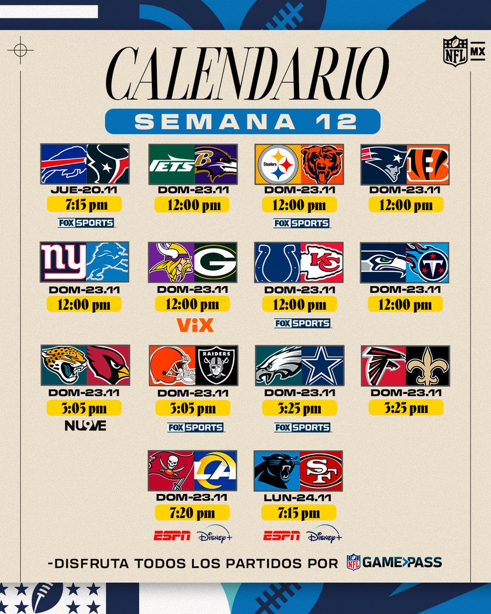nflmx's tweet image. Así se jugará la semana 12 de la NFL. 😎
¿Cuál será el mejor partido? 🏈

📺📱: @FOXSportsMX | @TUDNMEX por @VIX y @ElNueveOf | @ESPNmx, @disneyplusla | #NFLGamePass