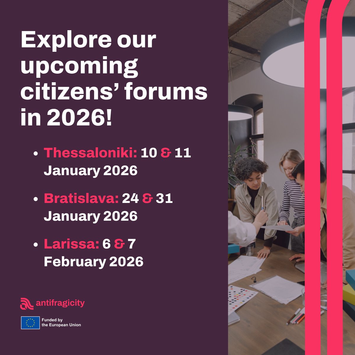 AntifragiCity's tweet image. 📢 #AntifragiCityForums on urban mobility are coming in 2026!

🇸🇰 Bratislava: 𝟮𝟰 &amp;amp; 𝟯𝟭 𝗝𝗮𝗻
🇬🇷 Thessaloniki: 𝟭𝟬 &amp;amp; 𝟭𝟭 𝗝𝗮𝗻
🇬🇷 Larissa: 𝟲 &amp;amp; 𝟳 𝗙𝗲𝗯

🌐 If you’re not based in these cities, share your insights online.

Learn more &amp;amp; join us: antifragicity.eu/citizens-forums