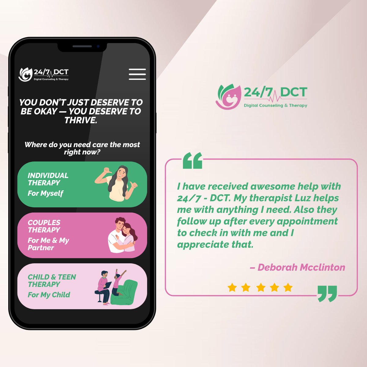 247DCT's tweet image. Real stories remind us why accessible mental health support matters. Deborah shared how 24/7 DCT and her therapist Luz have been a constant source of care, guidance, and follow-up support.

#247DCT #MentalHealthSupport #OnlineTherapy #ClientStories #Wellbeing #MentalHealthMatters