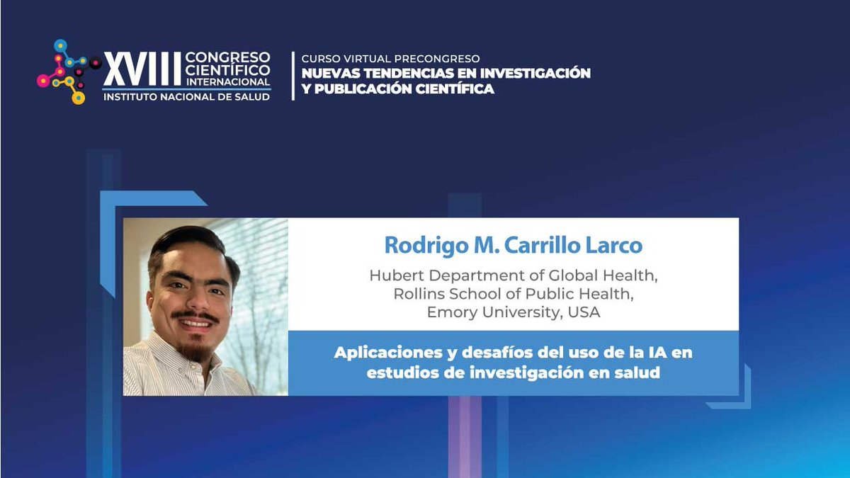 🔴 Continuamos con la ponencia de Rodrigo M. Carrillo Larco con el tema:
"Aplicaciones y desafíos del uso de la #IA en estudios de #investigacion en #salud" del Curso Virtual Precongreso: Nuevas tendencias en investigación y publicación científica 
👉 Transmisión: Vía Zoom