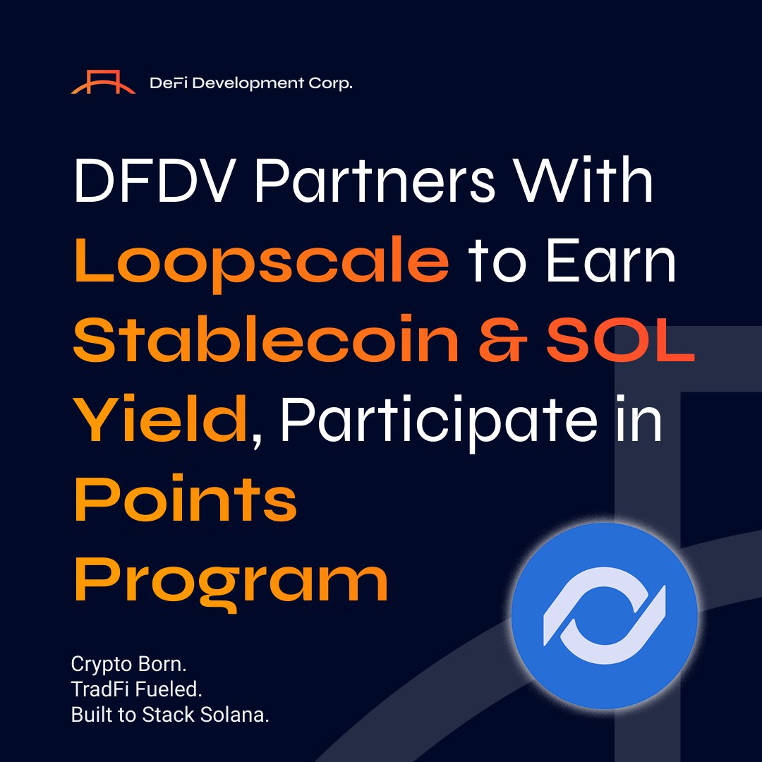 defidevcorp's tweet image. 1/ We&apos;re excited to announce that we&apos;ve signed a LOI with @Loopscale to be a premier partner in DeFi Dev Corp.&apos;s yield strategy.

With this partnership, $DFDV will use stablecoin &amp;amp; $SOL yield generated on Loopscale to fuel SOL Per Share (SPS) growth.

There&apos;s more... 🧵