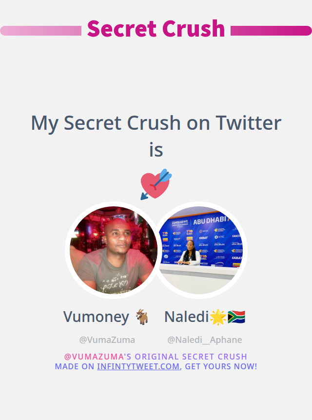 My Secret Crush on Twitter is <a href="/Naledi__Aphane/">Naledi🌟🇿🇦</a>

➡️ infintytweet.me/secret-crush