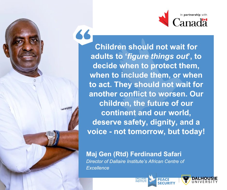 DallaireInst's tweet photo. A powerful reminder from Maj Gen (Rtd) Ferdinand Safari, Director of the Dallaire Institute's ACOE, that children deserve protection, inclusion, dignity, and that their safety must be everyone's urgent priority.
#ChildrenPeaceSecurity #PeaceProcesses https://t.co/yjKh7Goc3k