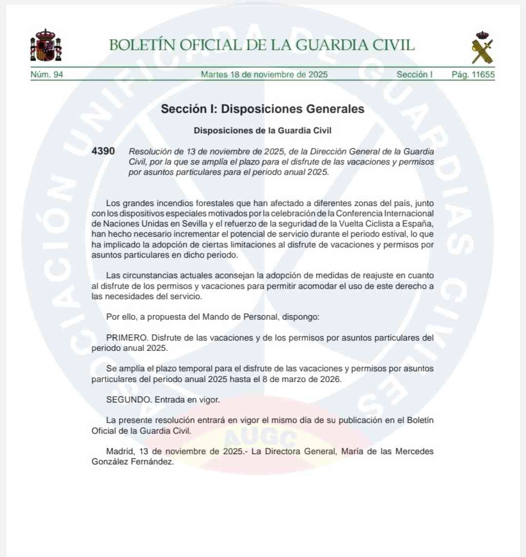 📢 #ÚLTIMAHORA | 🟢 AMPLIACIÓN DE PLAZOS

​Publicado hoy en el BOGC: Se extiende el periodo para el disfrute de vacaciones y asuntos propios del periodo de 2025.

​🗓️ NUEVA FECHA LÍMITE: Hasta el 8 de marzo de 2026.

​#AUGC #GuardiaCivil #DerechosGC