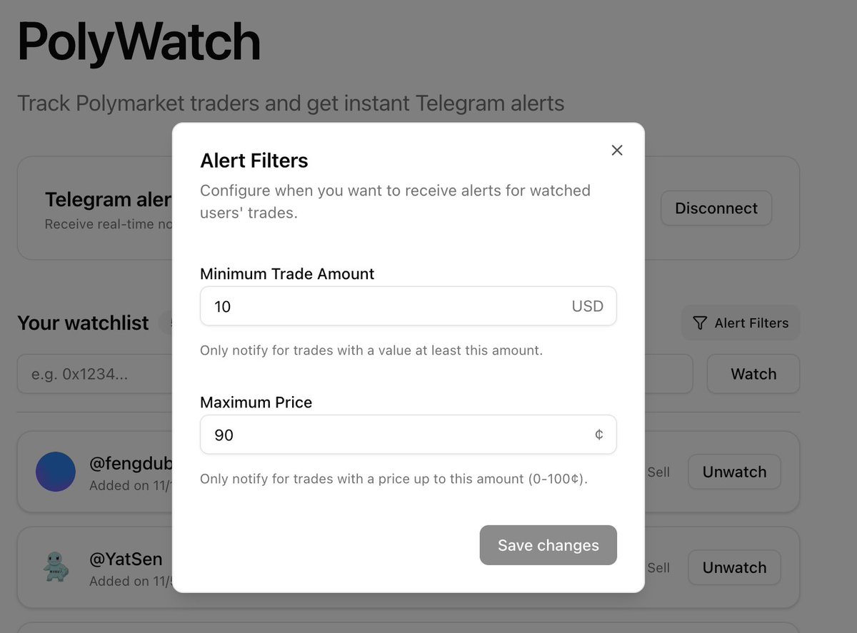 You can now filter Telegram alerts by the maximum trade price, so you don't get spammed by large buys at 98–99c.