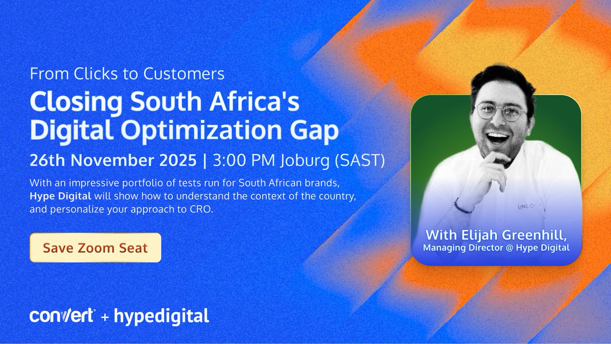 Convert's tweet image. Playing catch-up in your marketing &amp;amp; A/B testing practices?

South Africa is ripe for a digital revolution. Before AI can truly take hold, businesses must have an optimized structure to automate.

This panel by Hype Digital &amp;amp; Convert.com is a masterclass upgrade for…