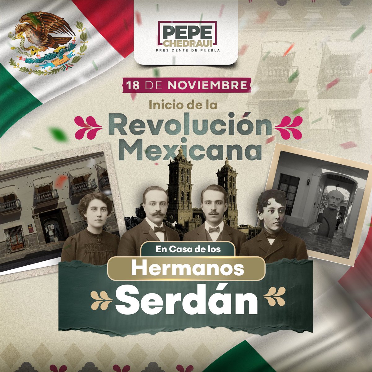 pepechedrauimx's tweet photo. Recordamos con orgullo la gesta heroica de la familia Serdán en Puebla, cuyo valor marcó el inicio de la Revolución Mexicana. 🇲🇽

Su legado nos inspira a defender con determinación nuestros ideales y a construir una #Puebla con igualdad de oportunidades para todas las familias. https://t.co/4P6AROTZ2u