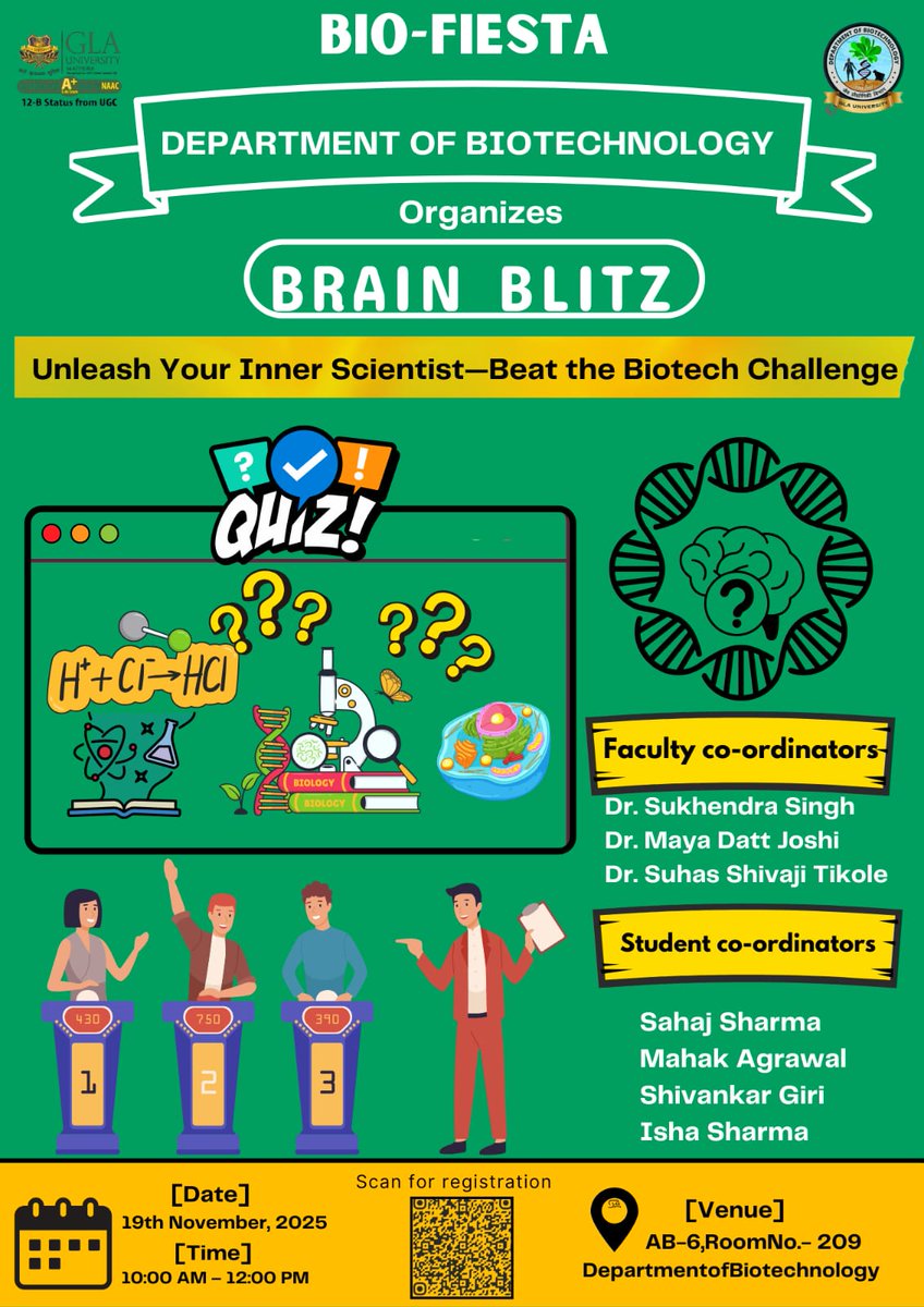 Biotech_GLAU's tweet photo. Join us tomorrow for Day 02 of BioFiesta!
Celebrate Biotechnology through BioHack Bash, Brain Blitz, BioCanvas, Melody Mania, and Moves Masters.

Event starts 10:00 AM at the Department of Biotechnology, AB–VI.

#GLAU #BioFiesta2025 #DepartmentOfBiotechnology https://t.co/szjKUCZeGE