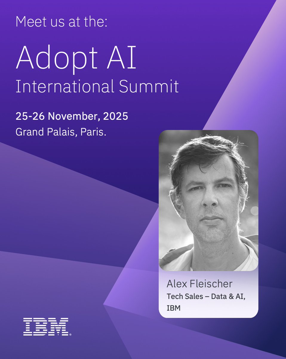 AlexFleischer1's tweet image. Les 25 et 26 novembre, @IBM sera sponsor Gold à #AdoptAI  pour une #𝗜𝗔 𝗿𝗲𝘀𝗽𝗼𝗻𝘀𝗮𝗯𝗹𝗲,  𝘀𝗼𝘂𝘃𝗲𝗿𝗮𝗶𝗻𝗲 𝗲𝘁 𝗰𝗿𝗲́𝗮𝘁𝗿𝗶𝗰𝗲 𝗱𝗲 𝘃𝗮𝗹𝗲𝘂𝗿. 

L&apos; #IA peut être #agentique , #générative , #prédictive , #prescriptive ou même #quantique ! Venez échanger.