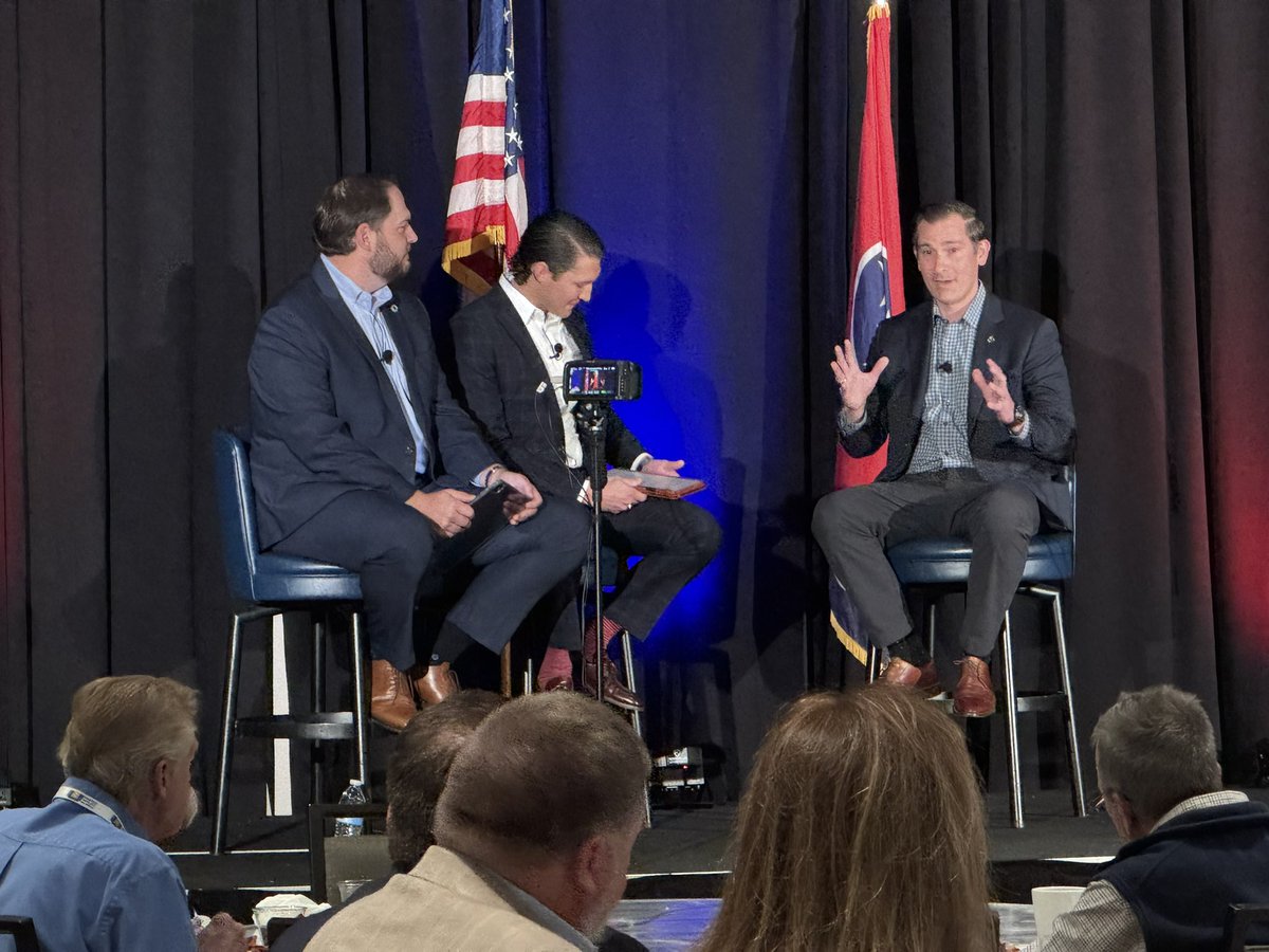 TNELECTRIC's tweet image. Good morning from the TECPAC Breakfast! 

A live recording is being conducted of the Rutherford County GOP Podcast with hosts Ross Bradley, director at @MidTnElectric, and Matt Herriman. Their guest is 7th Congressional District nominee, Matt Van Epps.

#TECA25AM