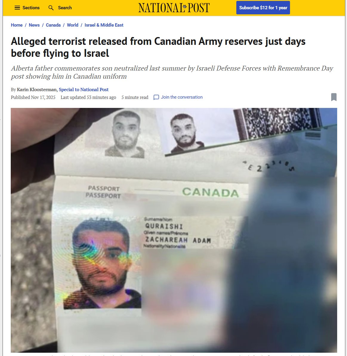 Tablesalt13's tweet image. 🚨BREAKING

The CAF confirms that, in July 2024, Zachareah Quraishi of Airdrie, Alta

completed his CANADIAN military training (basic training)

and then flew DIRECTLY to Isreal where he allegedly tried to stab IDF soldiers.

We&apos;re training for Hamas now.