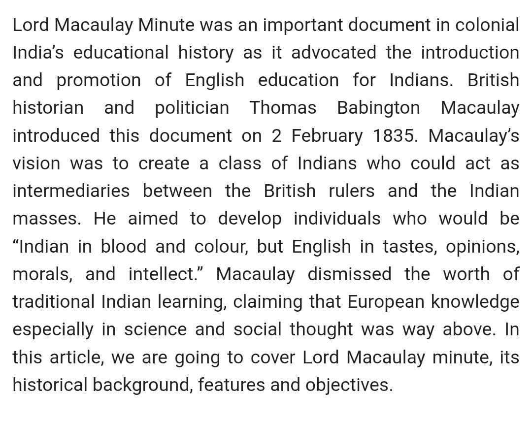 BJP4India's tweet image. Today PM Modi has set another goal for us Indians to achieve: to overcome the inferiority complex and hate towards anything Indian that was imposed on us by British MP Thomas Babington Macaulay. #thread 

1- He designed the education system to create a class of Indians who would…
