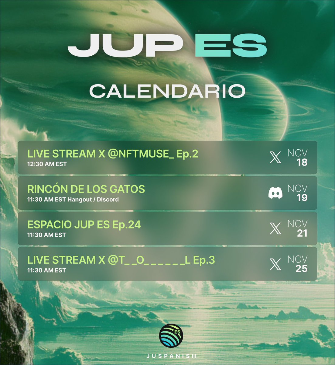 ¡Buenos días, familia JUP ES! 🌿✨

Esto es lo que tenemos preparado para los próximos días, ¡marquen sus calendarios!

📅 HOY - 18 NOV LIVE STREAM X con <a href="/NFTMuse_/">MUSE</a> Ep.2 ✨🌸
🕧 12:30 PM EST (¡en unas horas!)

📅 19 NOV  
RINCÓN DE LOS GATOS 🐱  
Hangout en Discord  
🕦 11:30 AM