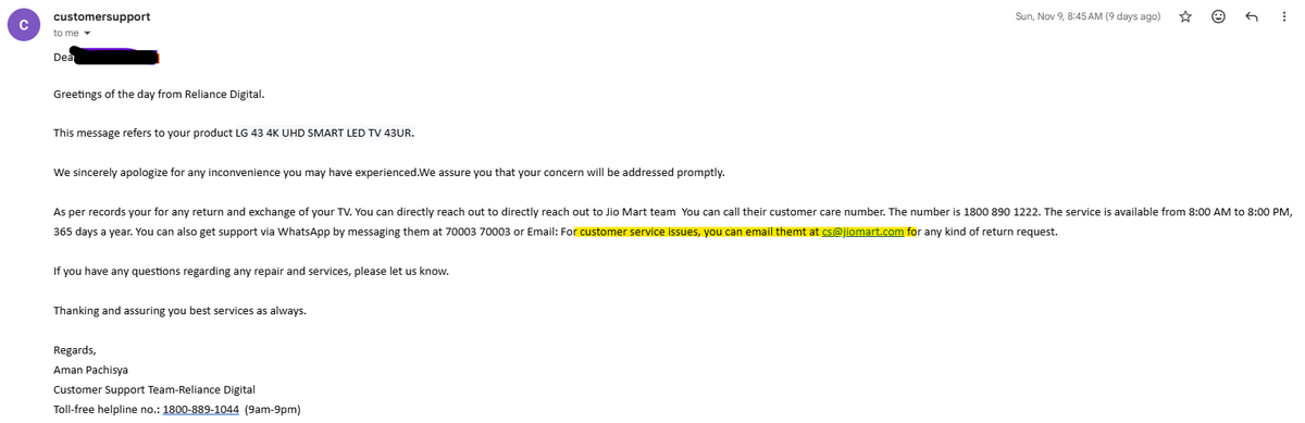 TylerDu30233995's tweet photo. @RelianceDigital DM'ed details, still nothing from @RelianceDigital 
15 days since return raised for a TV sent w/o legs. Till date no action/call from them #RelianceScam
Support's incompetence in 3 images
1 - Website support details
2 - Same support sending to jiomart
3 - Jiomart email not exist https://t.co/vIfHRexSjW