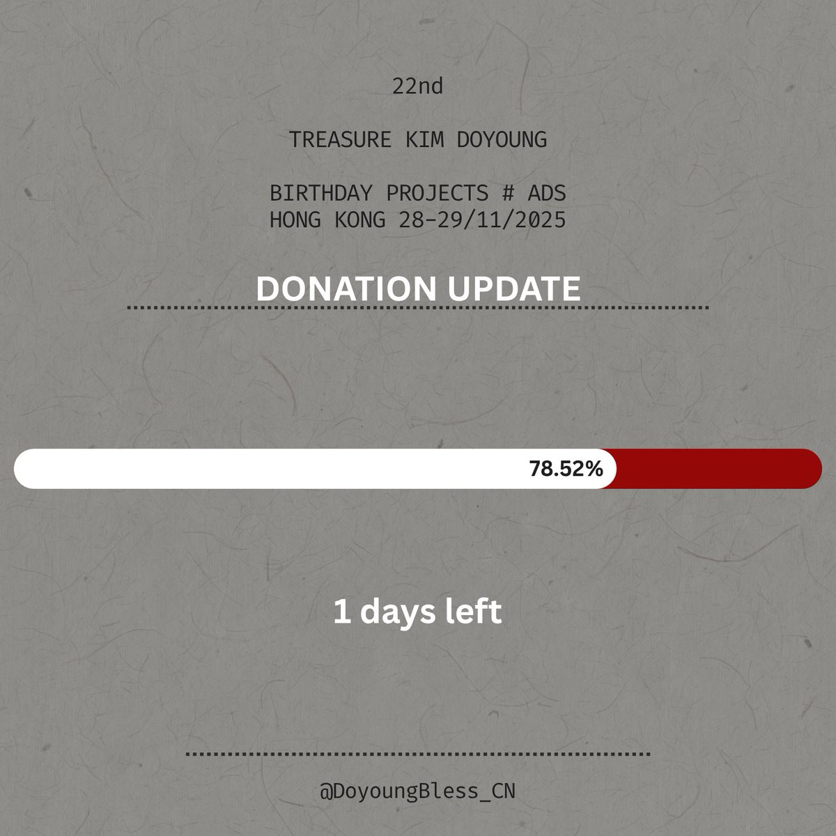 dobbytata's tweet image. ✰𝐃𝐨𝐲𝐨𝐮𝐧𝐠 𝐁𝐢𝐫𝐭𝐡𝐝𝐚𝐲 𝐏𝐫𝐨𝐣𝐞𝐜𝐭 𝟐𝟎𝟐𝟓 𝐢𝐧 𝐇𝐨𝐧𝐠 𝐊𝐨𝐧𝐠✰

donation update : 78.52% ⚠️🚨⚠️

Donation is open until tomorrow [ 7 P.M Jakarta Time ] 

#도영 #ドヨン #DOYOUNG #金道榮