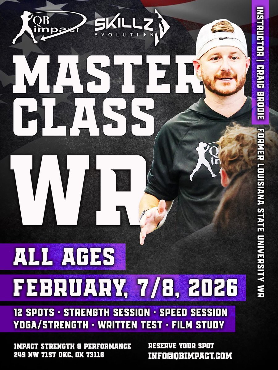 Masterclass Series 2026 🔥 
💨 WR / TE 
🗓️ Feb 6/7 (Not the 8th) 
📍 OKC 

DM me for more info or Register at Info@qbimpact.com