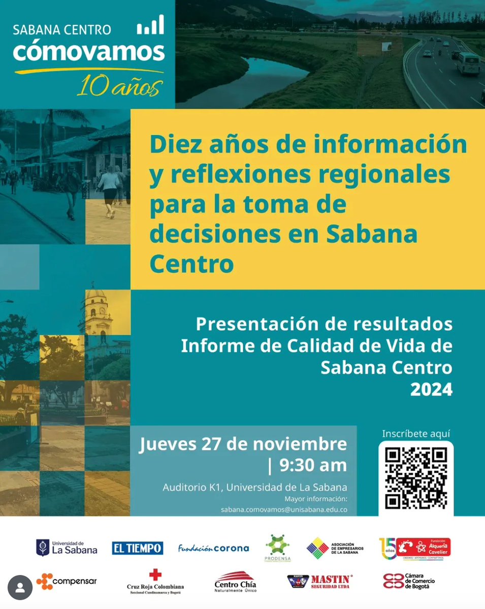ProbogotaRegion's tweet image. ¡Te invitamos a conocer cómo avanza la región!

Este 27 de noviembre @SabanaCV  presentará los resultados del décimo Informe de Calidad de Vida de Sabana Centro 2024 y los análisis de la dinámica regional de los últimos 10 años.

📍 Auditorio K1 - Universidad de La Sabana
🕤 9:30…