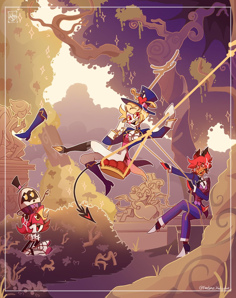 FeedMe_Katsudon's tweet image. 💜✨&quot;Swing me higher Al!!&quot;✨💜

Based off one of my favorite paintings &quot;The Swing&quot; &amp;gt;w&amp;lt;

#HazbinHotel #RadioApple #AppleRadio #Bambilu