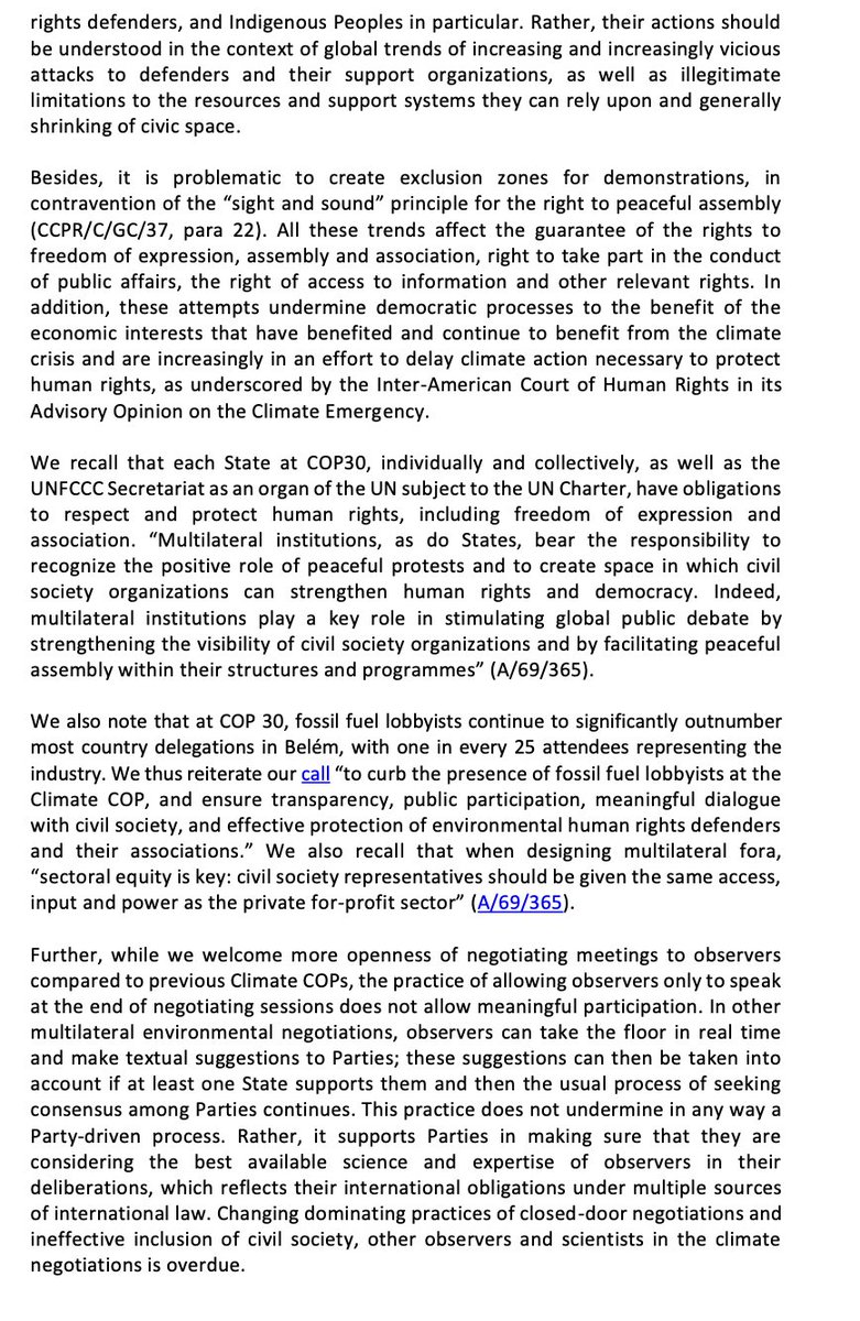 SRclimatechange's tweet image. ❗ Together with @SREnvironment  @GinaRomero @MaryLawlorhrds @AlbertBarume @ForstMichel we are issuing a statement to clarify applicable international #HumanRights standards on #CivicParticipation at #COP30. We remain available to discuss with all involved in Belem and beyond.